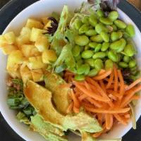 Power Bowl · mixed greens, quinoa, ahi tuna, edamame, pineapple, cucumber, carrots, green onions, avocado...