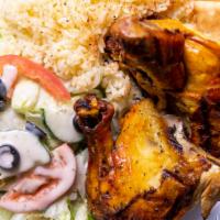 Half Chicken · Rotisserie Chicken (2 peice)  served with Pita Bread, Garden Salad and your choice of Rice, ...