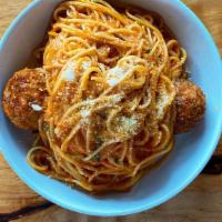 Spaghetti With Tomato · • Tomato. • Basil. • Parmesan (Vegetarian). • add Chicken and Pork Meatballs $3ea