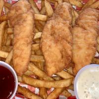 Chicken Tenders · Breaded chicken tenders are deep-fried. Served with fries and a side of ranch dressing.