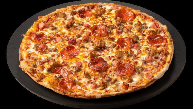 Bake @ Home Bronco · Beef, Italian Sausage, Pepperoni, Diced Ham, Bacon Pieces. Medium thin crust. Bake at home from frozen.