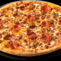 Bronco - Large · Beef, Italian Sausage, Pepperoni, Diced Ham, Bacon Pieces