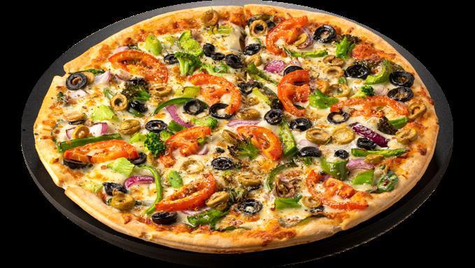 Prairie - Large · Spinach, Broccoli, Red Onions, Black Olives, Green Olives, Green Peppers, Tomato Slices, Trail Dust