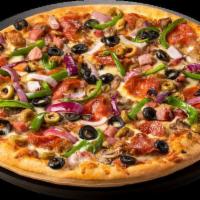 Stampede - Small · Beef, Pepperoni,  Diced Ham, Italian Sausage, Black Olives, Green Olives, Green Peppers,  Mu...