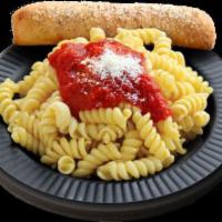 Pasta Dinner · Rotini noodles with sweet marinara sauce, a seasoned breadstick, and Parmesan cheese