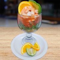 Coctel De Camaron · Cooked shrimp with tomato, cucumber, onion, coriander with special sauce.