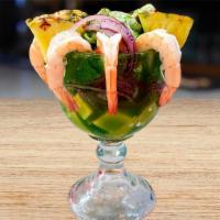 Copa Cannabis · Lime cured whole shrimp, large prawns, fresh mango, fresh pineapple, and red onion all toget...