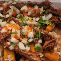 Birria Fries · Bed of fries topped with beef birria , onion and cilantro , chili sauce