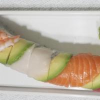 Rainbow Roll · Tuna, salmon, shrimp, white tuna and avocado on California roll.