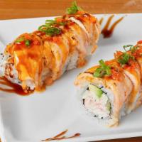 Lion King · Baked salmon on the California roll covered with spicy mayo and masago(smelt egg)