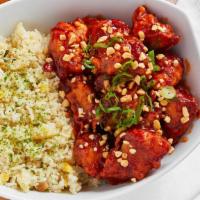 K-Bbq  Combo · Delicious spam egg fried rice with Korean style fried chicken with crunch peanuts and green ...