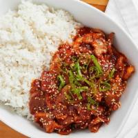 Dupbop · Hot. Steamed rice with spicy marinated pork or chicken and onion.