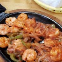 Shrimp Fajitas (Fajitas De Camaron) · Served with rice, beans, and salad.