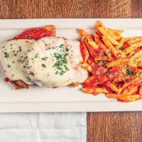 Chicken Parmesan · Two Red Bird Farms chicken breasts, housemade breadcrumbs, topped with mozzarella and marina...