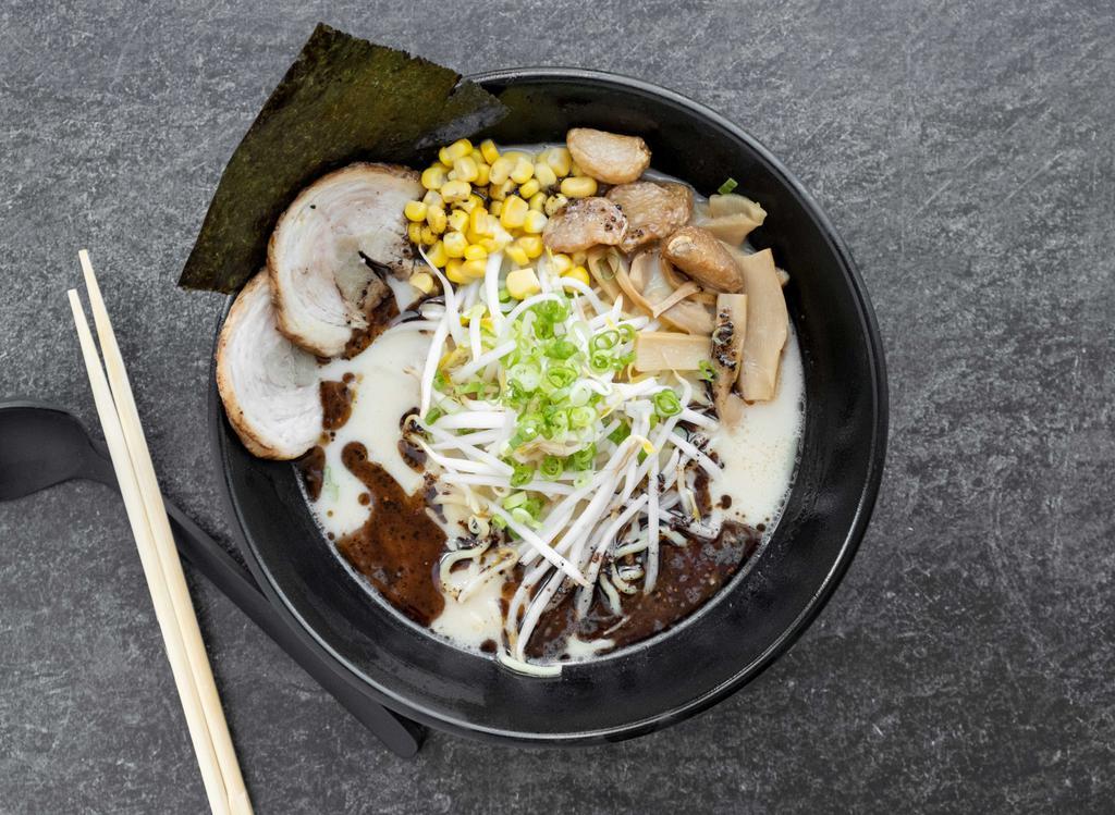 Black Garlic Ramen · Roasted pork, fried garlic, bamboo Shoots, green onion, sprouts, corn.  Add toppings for additional charges.