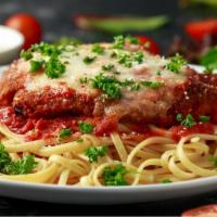 Chicken Parmesan With Spaghetti · Delicious spaghetti made with a marinara base and topped with Chicken Parmesan. Served with ...