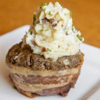 Meatloaf Muffin · Bacon-Wrapped Meatloaf with Crumbled Bleu Cheese, Bacon Gravy, and Mashed Potato 