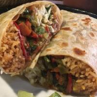 Chicken Burrito · Grilled chicken breast, guajillo-ancho chile sauce, refried black and pinto beans, red rice,...
