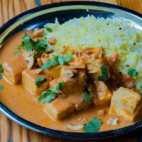 Paneer Makhani · House-made paneer in a rich tomato, cream, and cashew curry with spiced rice.
