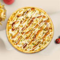 Beefy Strippin Ranch Vegan Pizza · Enjoy a pizza topped with vegan beef, vegan bacon, ranch dressing, and vegan cheese on top o...