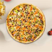 Vegan Veggie Galore Pizza · This pizza is for the veggie lovers out there. Vegan cheese accompanied by onion, mushrooms,...