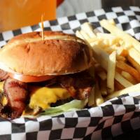 Bacon Cheese Burger · Locally sourced peppered bacon, cheese, lettuce, tomato, pickles, onion, and harry's sauce.