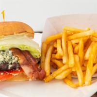 Bacon Bleu Cheese Burger · Bleu cheese topped with peppered locally sourced bacon, lettuce, tomato, caramelized onion a...