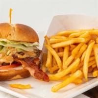 Peanut Butter Burger · Peppered bacon, tomato, lettuce, mayo. Topped with peanut butter.