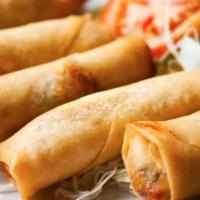 Fried Egg Rolls · Marinated ground pork, mushrooms and vermicelli rolled in egg wrappers and deep fried. - 2pcs