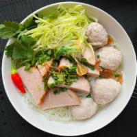 Bun Moc · Pork meatball, Vietnamese pork sausage, rice noodle vermicelli, onion, black pepper, broth, ...