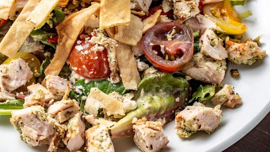 Patio · harvest greens / roasted red peppers / feta / heirloom tomatoes / grilled chicken / tortilla strips / old pueblo vinaigrette