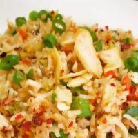 Burnt Garlic Fried Rice (Veg) · Golden fried garlic, chilli flakes, and green onions.
