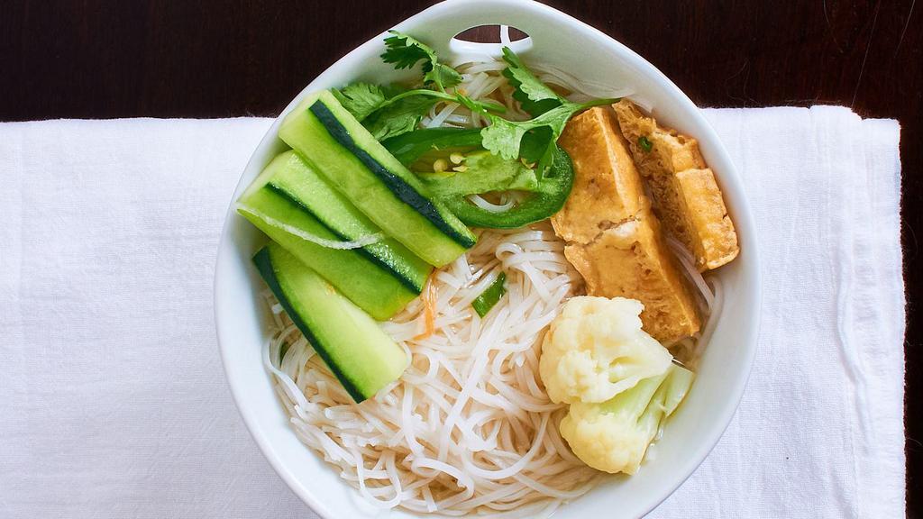Pho Chay ( Vegetarian Broths) · Vegetarian noodle soup (carrot, cauliflower, broccoli, fried tofu)  
WITH VEGETARIAN Broths
