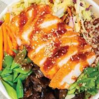 Chicken Katsu Bowl · Bringing the best parts of the East to the West, including brown rice quinoa blend, crispy c...