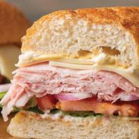Ham & Swiss Sandwich · Our anything but ordinary Ham & Swiss. Stacked with clean-label, Tenderbelly uncured Ham, sl...