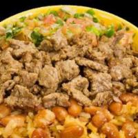 Adobada Bowl · adobada pork meat, whole beans, rice, pico de Gallo