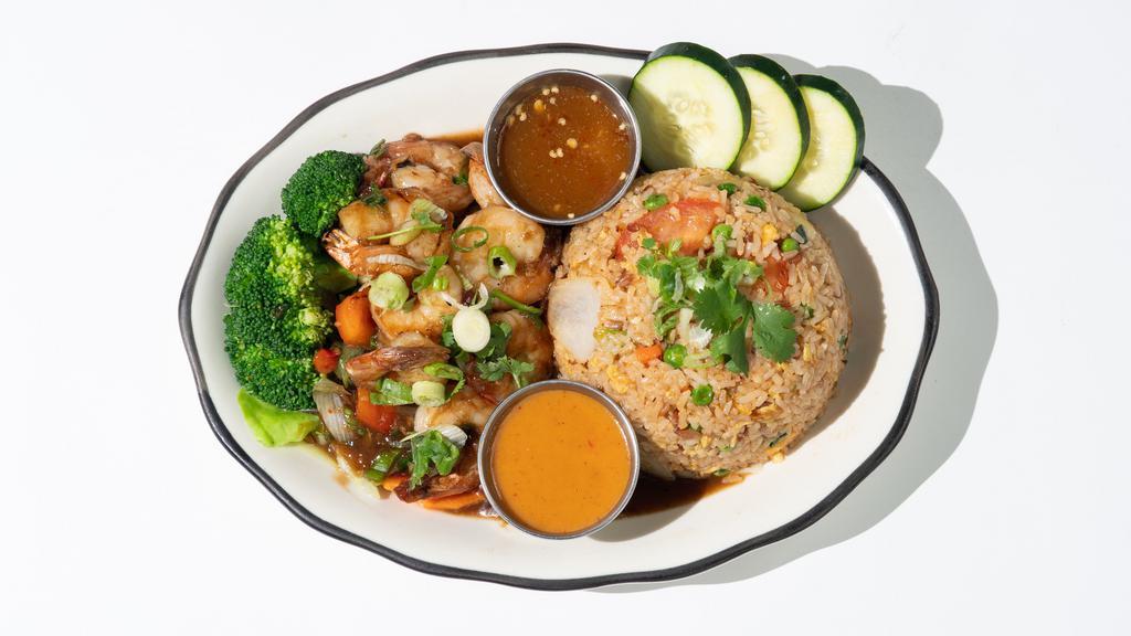 Garlic Fried Rice & Garlic Shrimp Stir-Fry (Gf) · house garlic-egg fried rice, green onion with garlic & shrimps (10) stir-fry, red bell, onion, over steamed broccoli, cabbage, carrot.  side peanut sauce and garlic fish lime sauce.