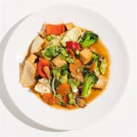 Pad Ruam-Mit (Gf, Veg) · veggies stir-fry, broccoli, carrot, onions, cabbage,
baby corn, red bell, mushroom, bean spr...