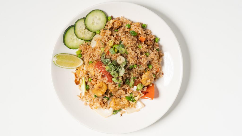 Khao Pad (Gf) · classic garlic-egg fried rice, Chinese broccoli,
onions, your choice of protein.