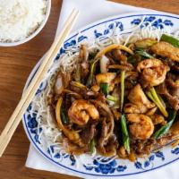 Spicy Mongolian Combo · Shrimp, chicken, and beef.