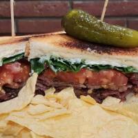 Blt · Texas toast with our house bacon, spinach, tomatoe. Includes choice of chip.