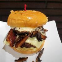 Mushroom Bacon Swiss Burger · 1/3 All beef patty served on brioche bun, sauteed mushrooms, caramelized onions, house bacon...