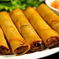 Vegetarian Egg Rolls (4) · fried rolls filled with tofu, taro, carrot, onion and clear vermicelli 
*served with sweet c...