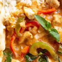 Panang Curry · Coconut milk, bell pepper, lemon leaves served with steamed rice.