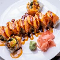 Jimmy Roll · Fried tempura shrimp, avocado, and seaweed salad, with salmon, eel sauce, and spicy mayo on ...