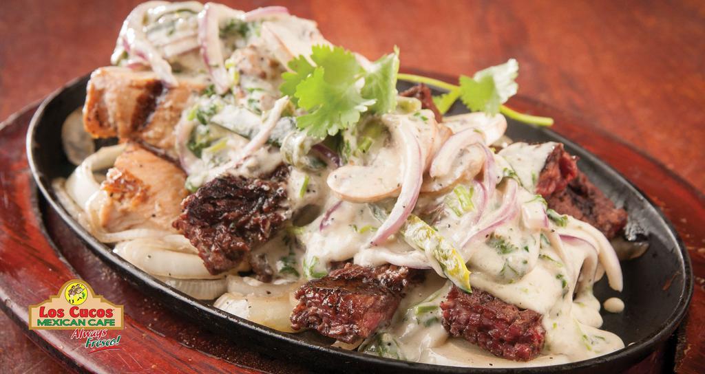 Fajitas A La Poblano (For 1 People) · Covered with sautéed mushrooms, onions, Poblano peppers and cilantro creamy sauce.