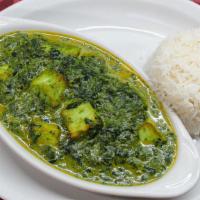 Saag Paneer · Gluten-free. Creamed spinach cooked thoroughly with blended celery, mushroom, cilantro, gree...