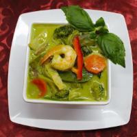Green Curry · Green curry paste, bamboo shoots, mushrooms, carrots, zucchini, bell peppers, onions, and ba...