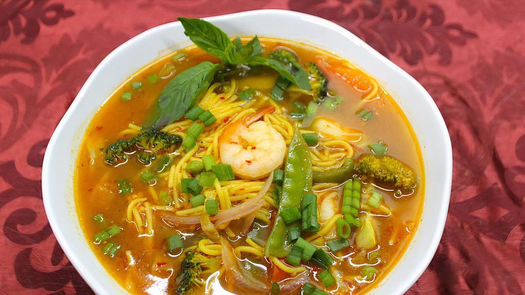 Thukpa · Tibetan style noodles simmered in a thick broth soup and veggies with onions, cilantro, and spices and your choice of chicken, lamb, yak, OR shrimp.