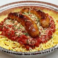 Spaghetti With Sausage · Served with side salad and garlic bread.